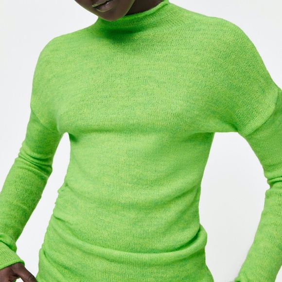 NWT Zara Neon Green Asymmetric Mock Neck Knit Sweater High Neck Top Medium - Picture 3 of 14